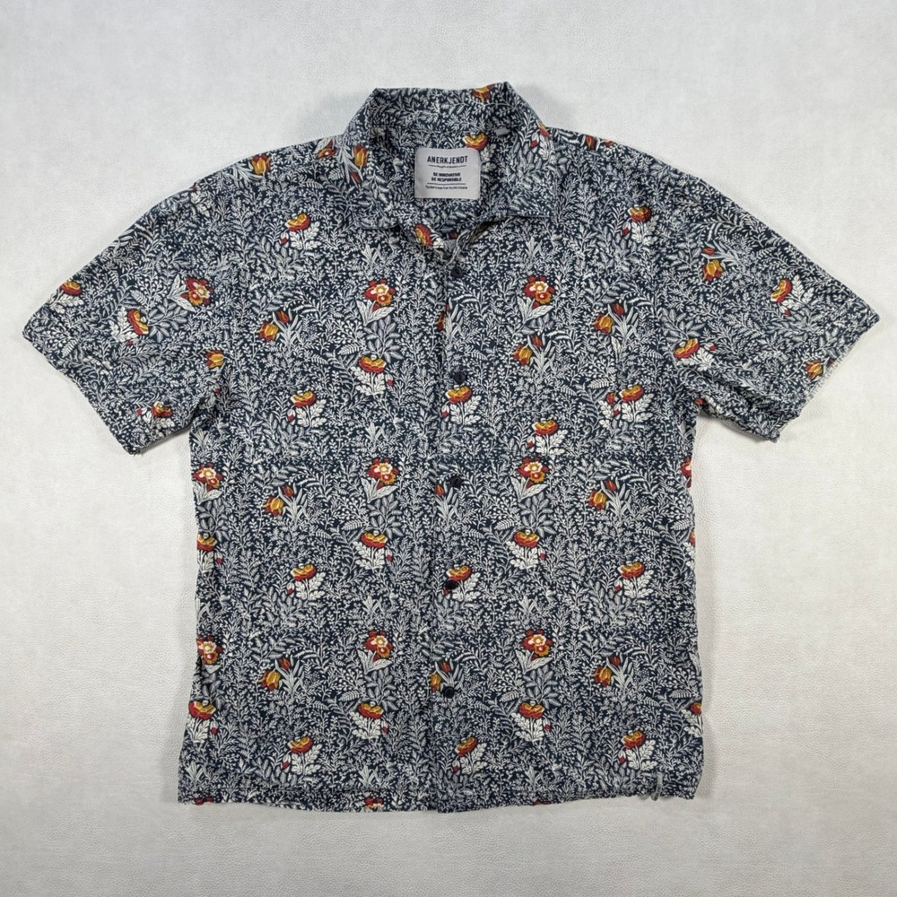 Anerkjendt Mens‎ Large Short Sleeve Button Shirt Navy Botanical Floral Recycled